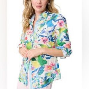 J. McLaughlin Blouse Floral Multicolor Cotton Linen Size M